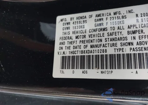 2013 Honda Accord Ex-L z USA, uszkodzony, nr VIN 1HGCT1B8XDA010288
